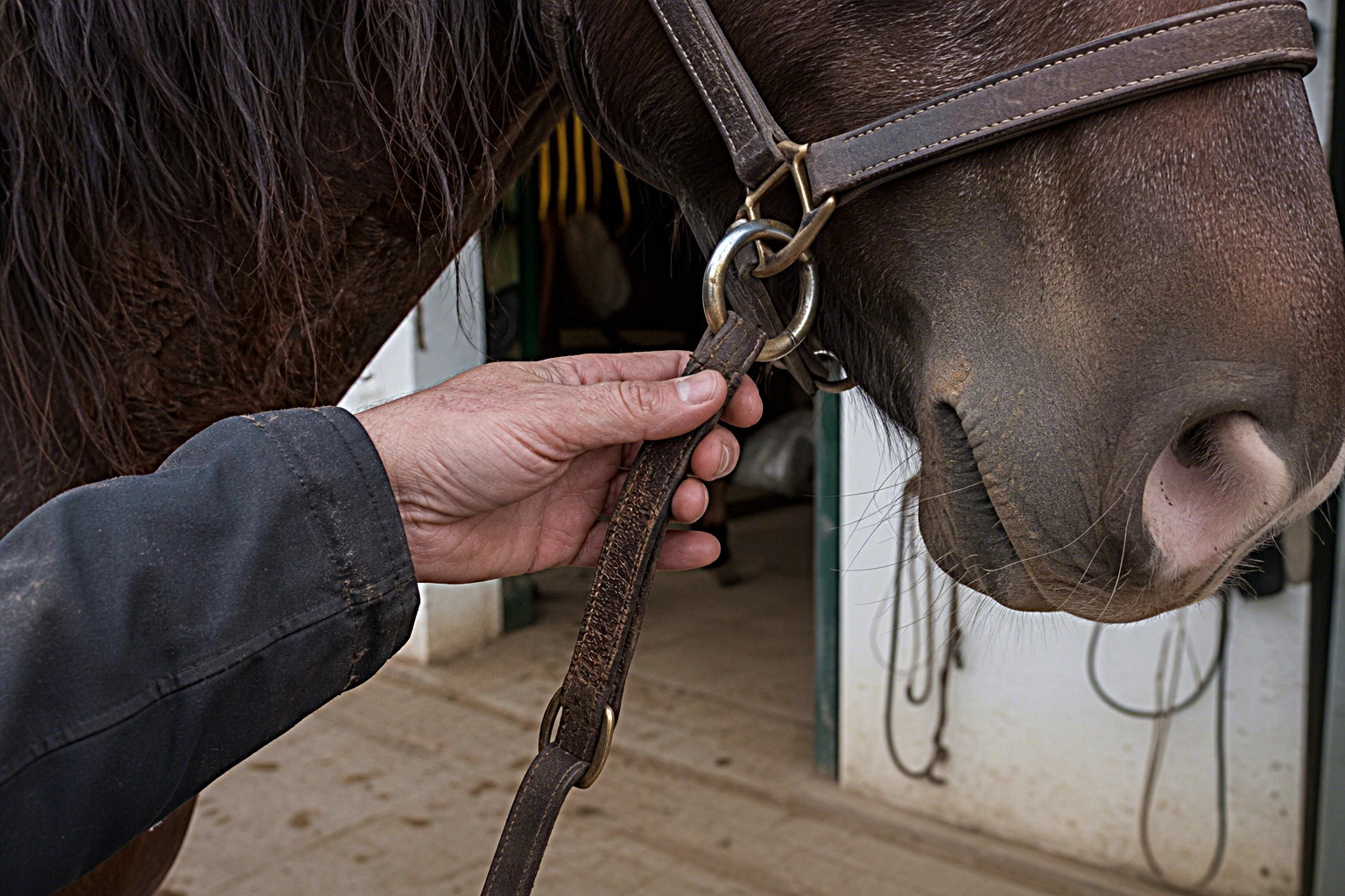 Hand am Lederfuehrstrick eines ruhigen Therapiepferdes, Detail der Halfter-Anbindung