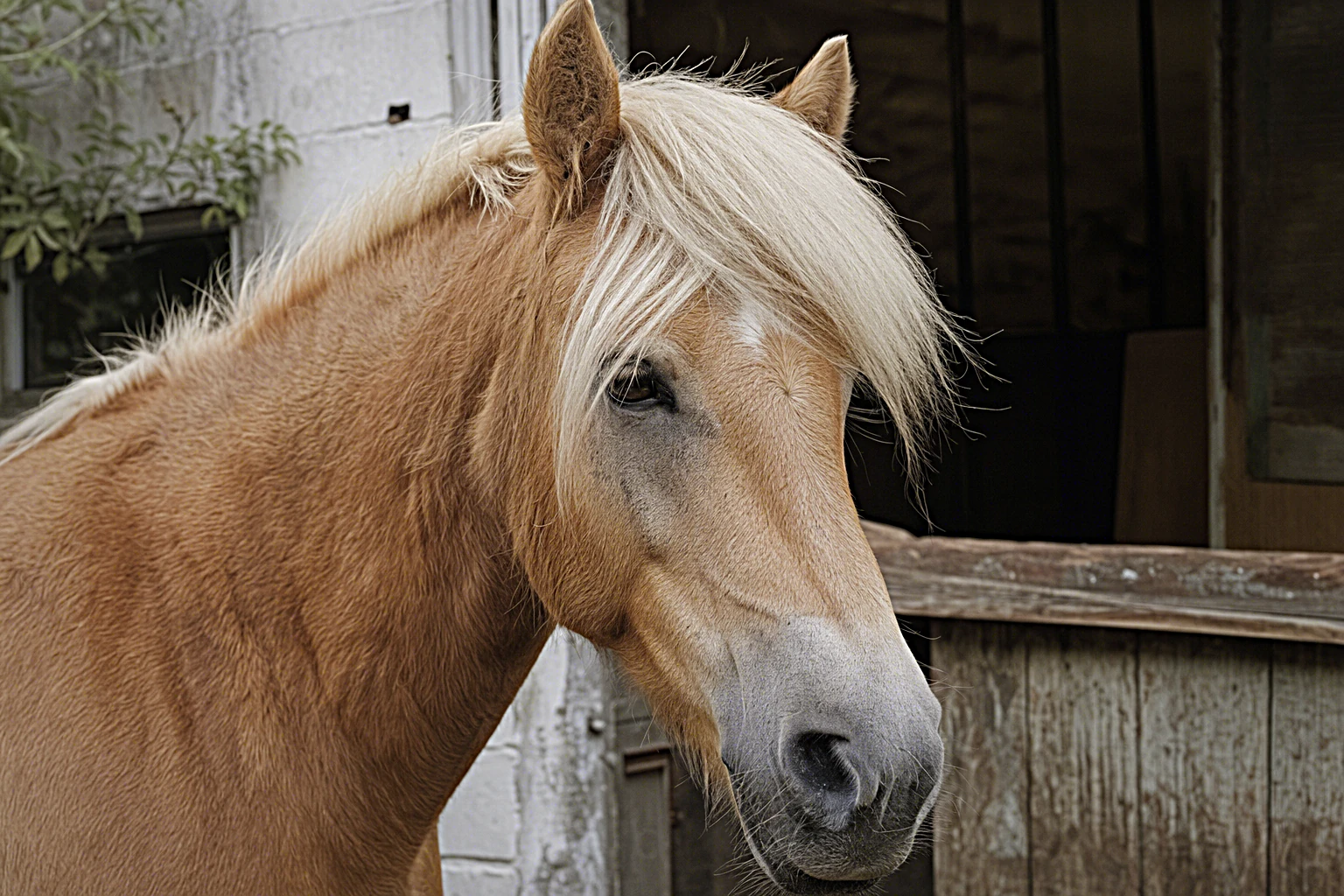 Ruhige Haflinger-Stute schaut entspannt aus dem Stall, sanftes Auge im Profil