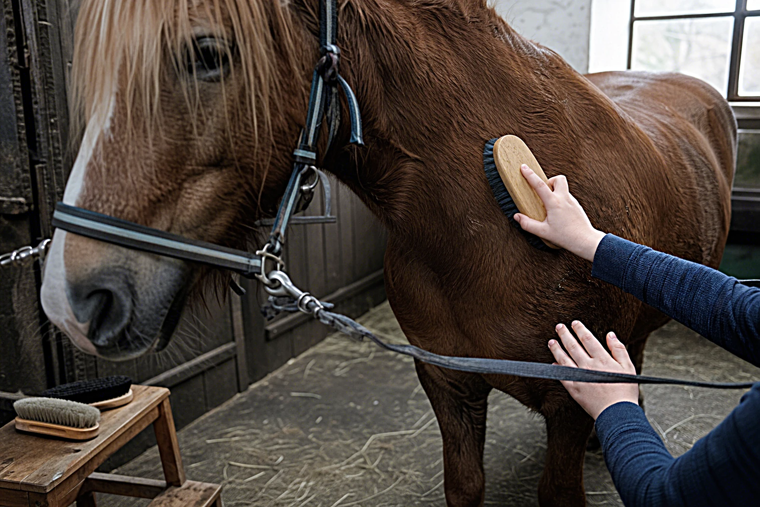 Kind auf einem Pony wird über einen weiten Reitplatz geführt