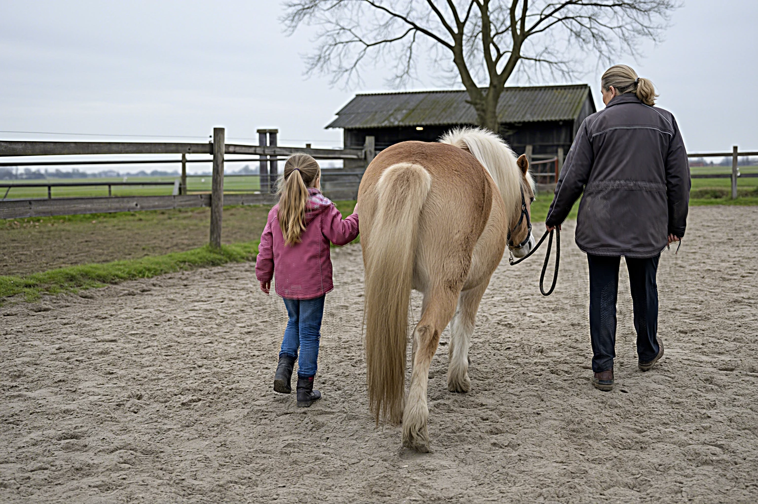 Kind auf einem ruhigen Therapiepferd, begleitet von einer Reittherapeutin