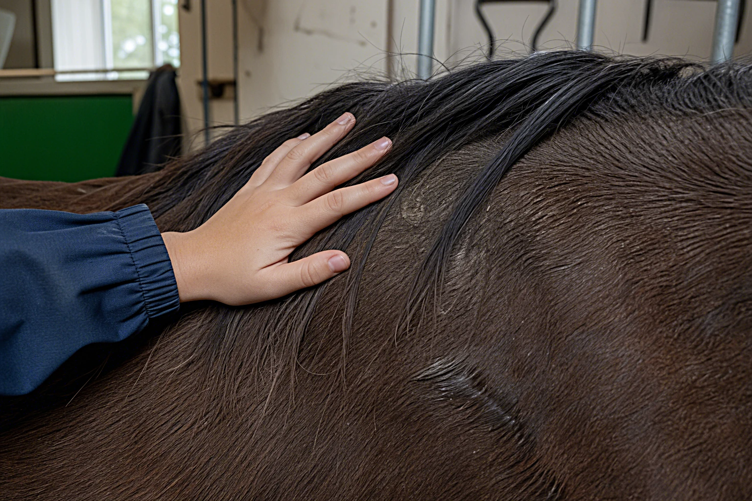 Die Hand eines Kindes ruht ruhig auf dem Hals eines Ponys