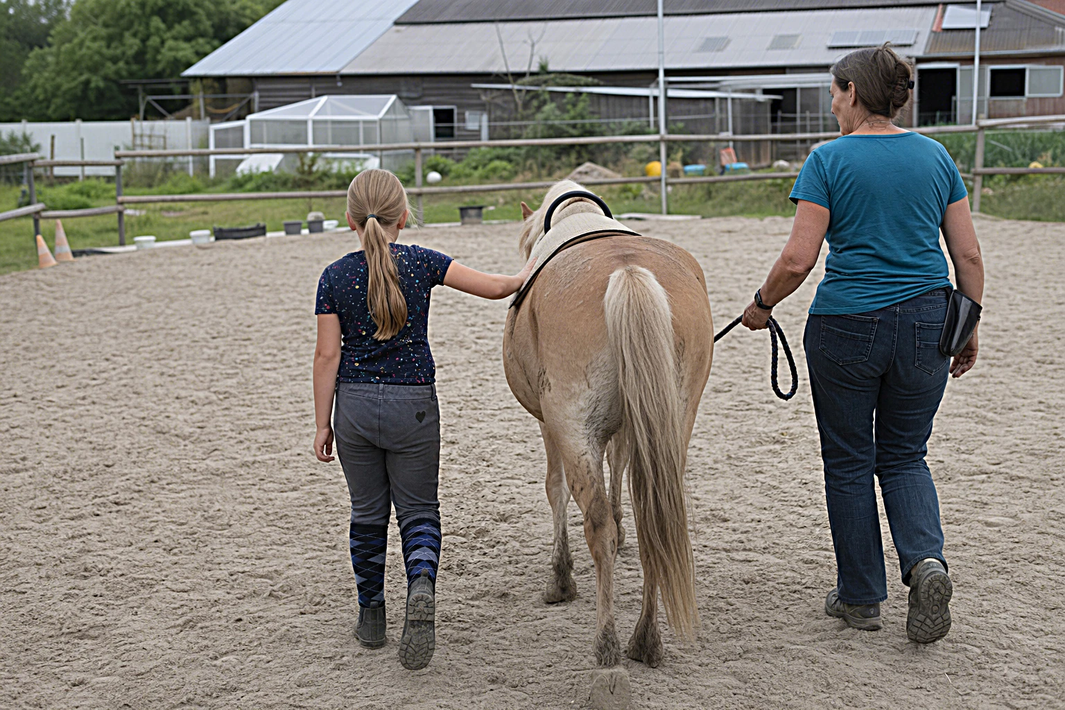 Kind mit Down-Syndrom auf einem ruhigen Therapiepferd, von hinten, begleitet von Reittherapeutin