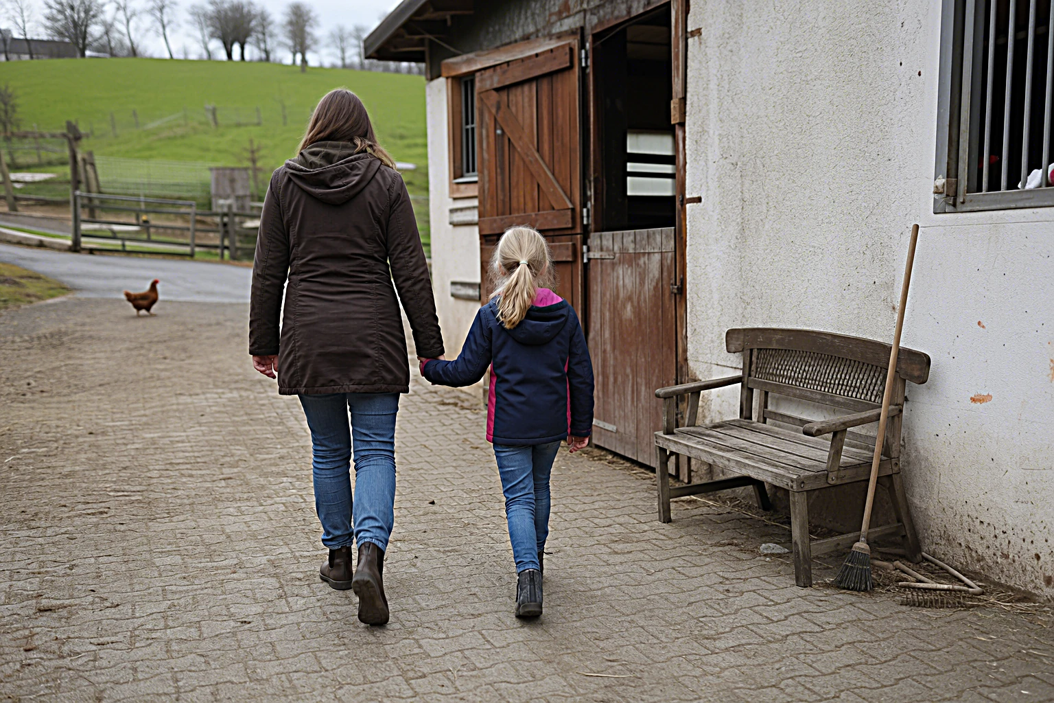 Elternteil und Kind gehen Hand in Hand zu einem Stall