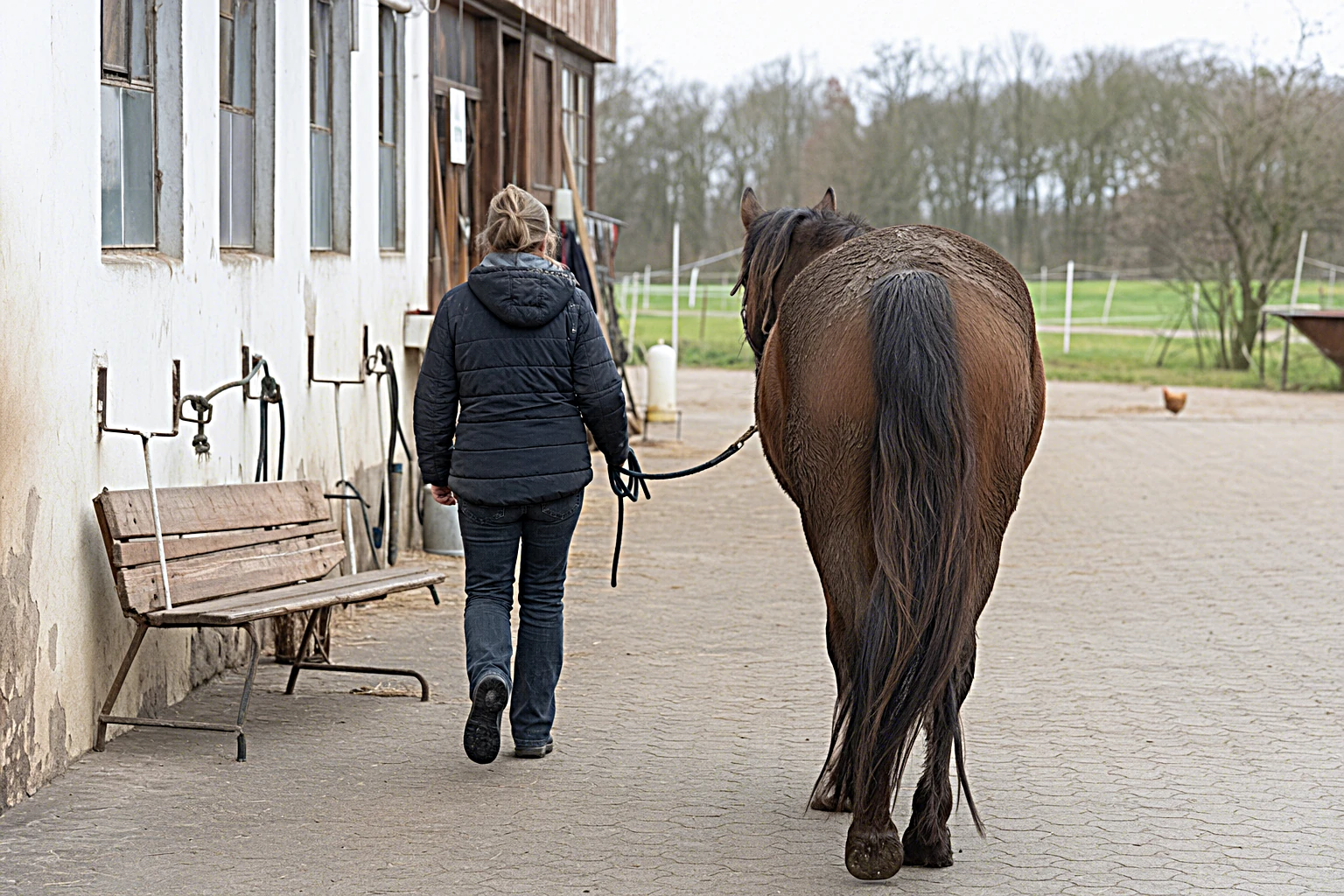 Erwachsene Person steht ruhig neben einem Pferd, von hinten aufgenommen, weicher Stallhintergrund