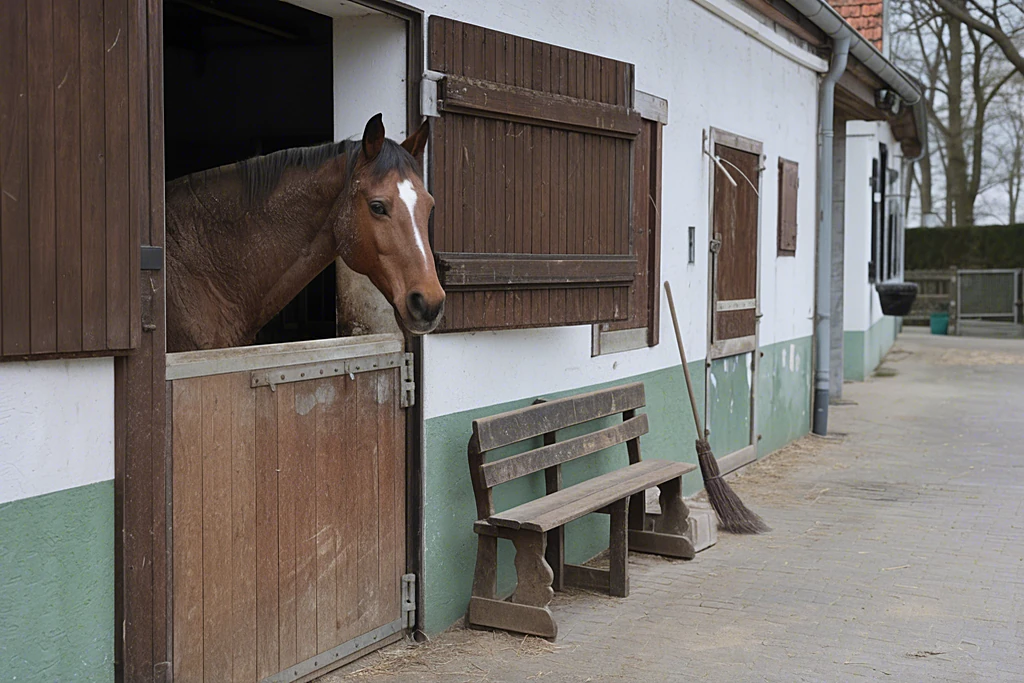 Ruhige Stallbox-Reihe mit Therapiepferd, das aus der offenen Stalltuer schaut