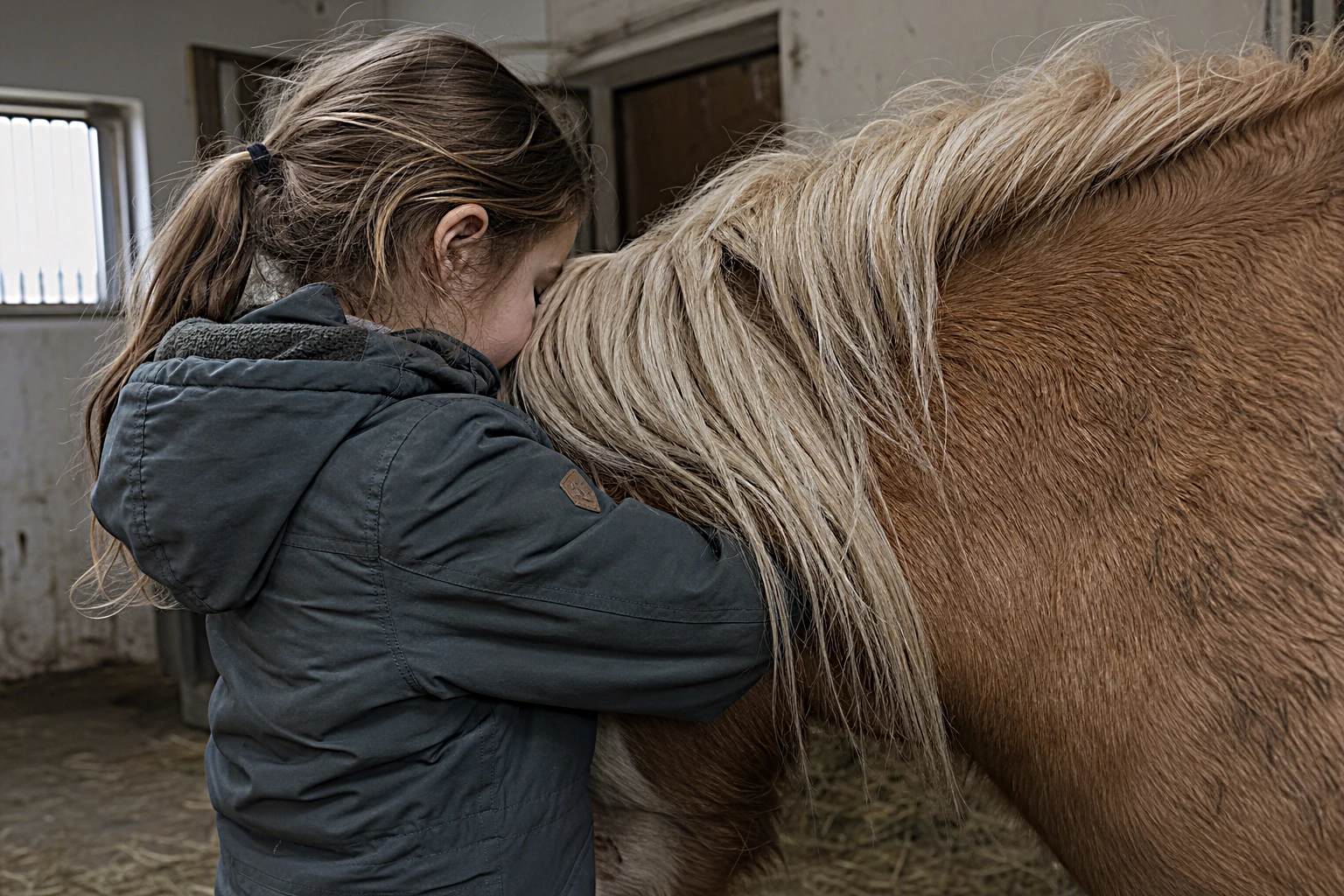 Ein Kind führt ein Pferd ruhig am Strick über den Hof