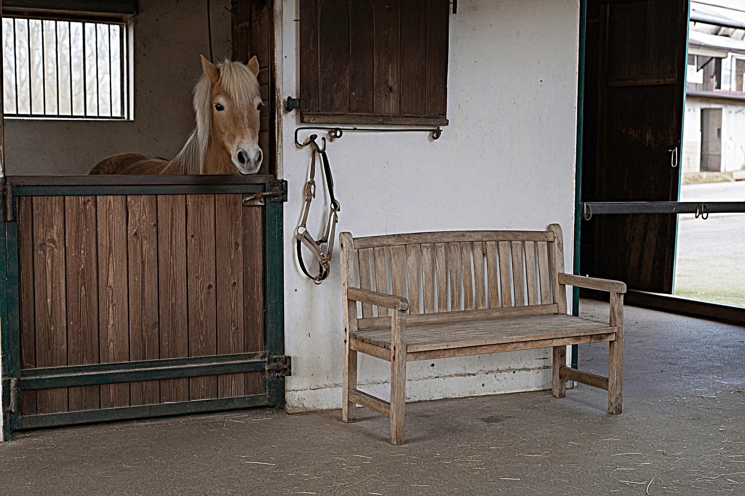 Kind sitzt auf einer Holzbank, Haflinger schaut ruhig aus der offenen Stallbox dazu