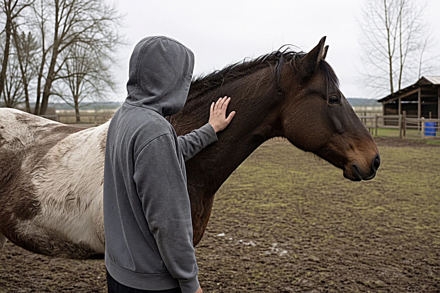 Eine ruhige Hand liegt sanft auf der Schulter eines Pferdes, das geduldig daneben steht